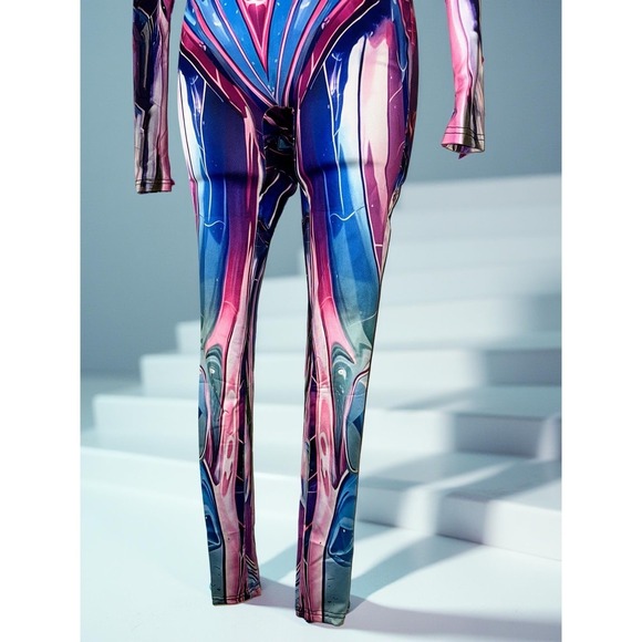 New Small Pink Mirror Spandex Jumpsuit Catsuit‎ Rave Illusion Metallic Cyberpunk - Picture 4 of 7